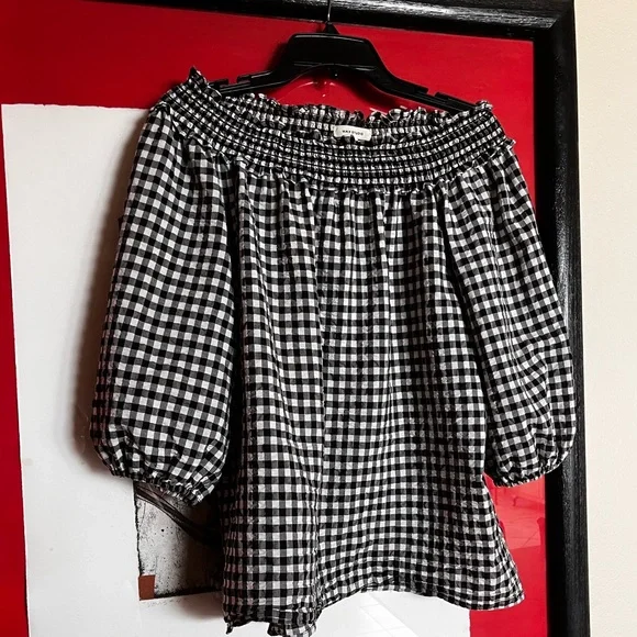 Black white gingham off the shoulders Max Studio blouse - Picture 1 of 7